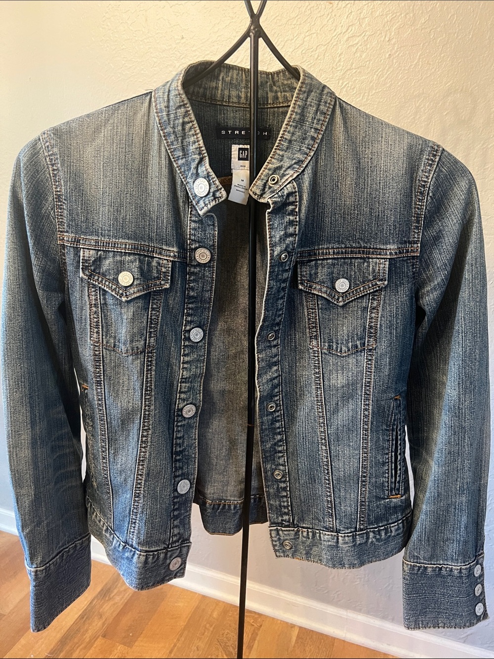 GAP Distressed Stretch Denim Jacket in Light Blue Wash